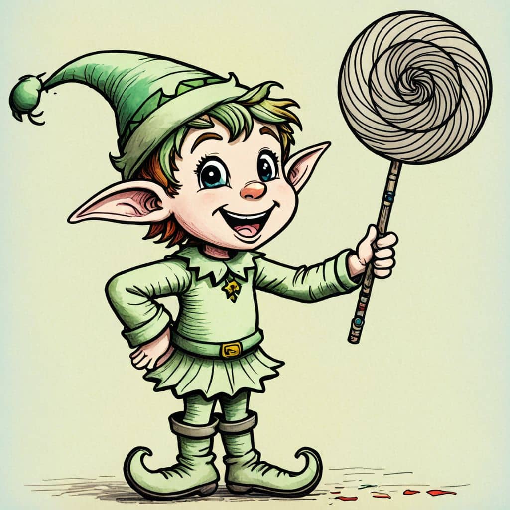 Colored Elf from Elf Cartoon holding a giant lollipop