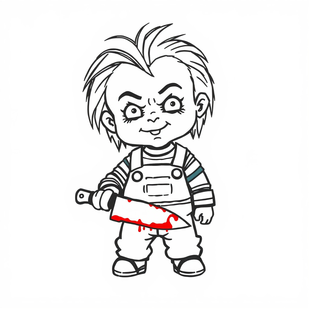 Chucky holding a blood-stained knife