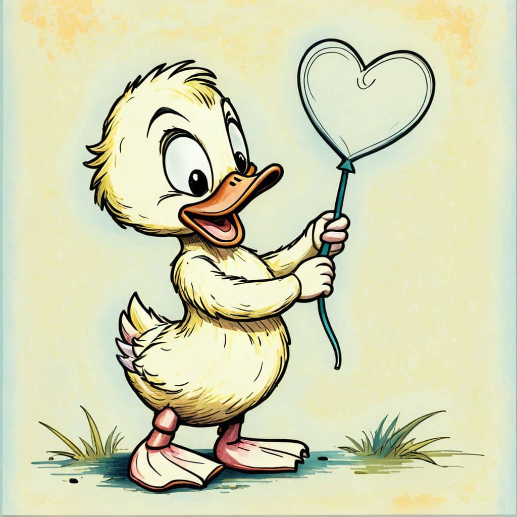 Colored Duck holding a heart-shaped balloon