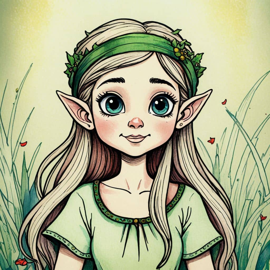 Colored Elf from Elf Cartoon wearing a flower crown.
