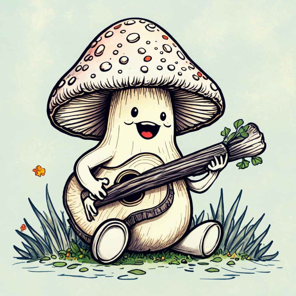 Colored Mushroom playing the ukulele