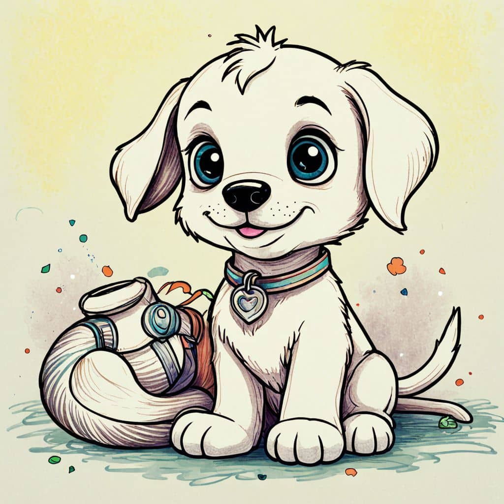 Colored Puppy holding a fire hose