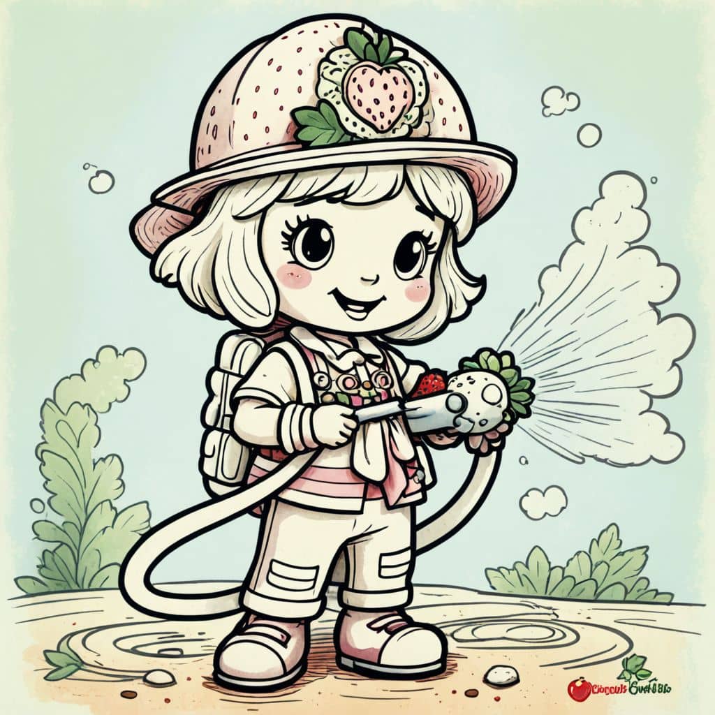 Colored Strawberry Shortcake - the character from the animated series as a firefighter holding a hose