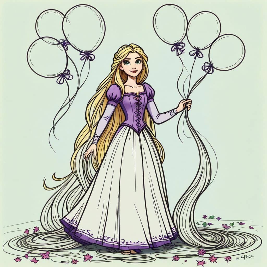 Colored Rapunzel from Tangled holding adorable pastel balloons