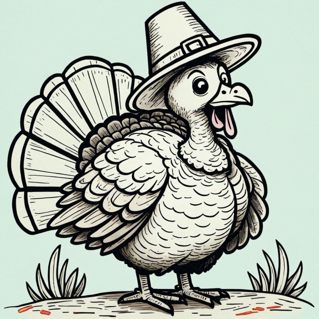 Colored Cute turkey wearing a pilgrim hat