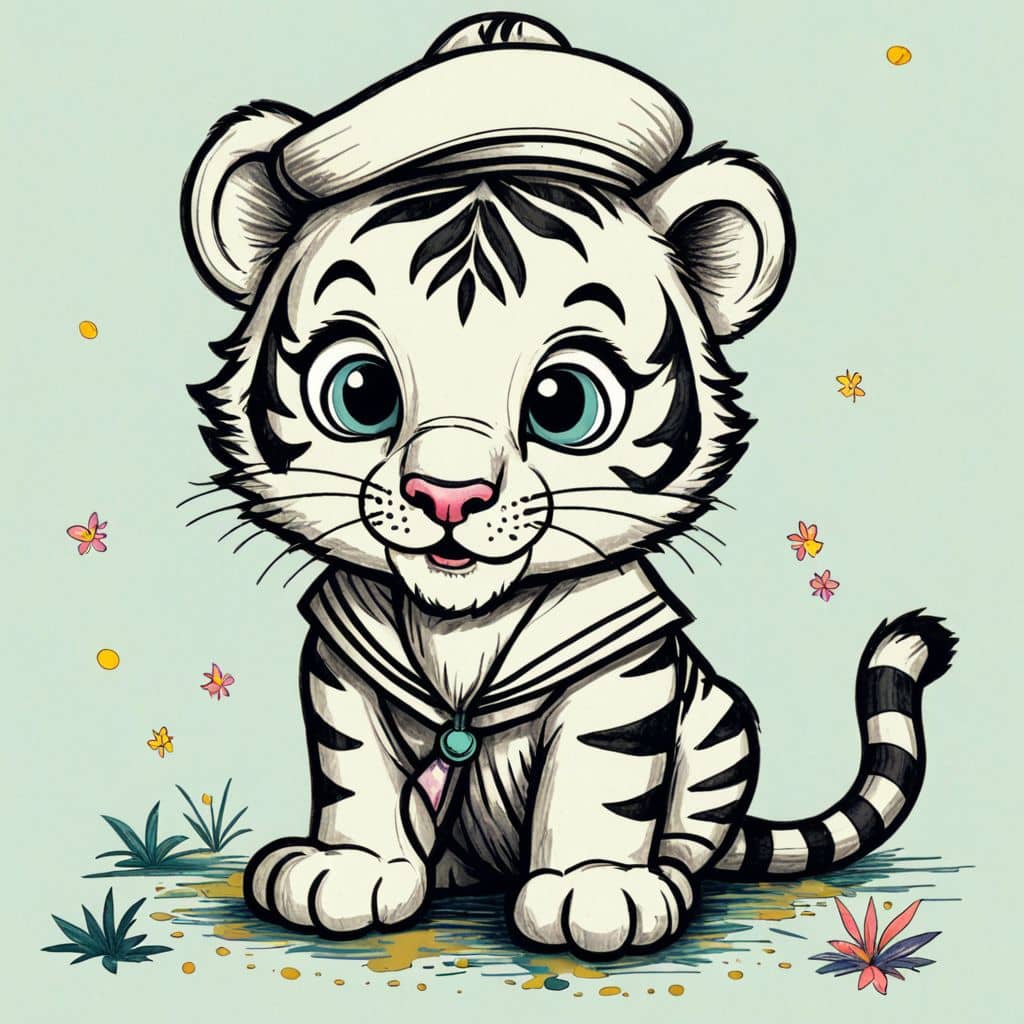 Colored Tiger wearing a sailor hat