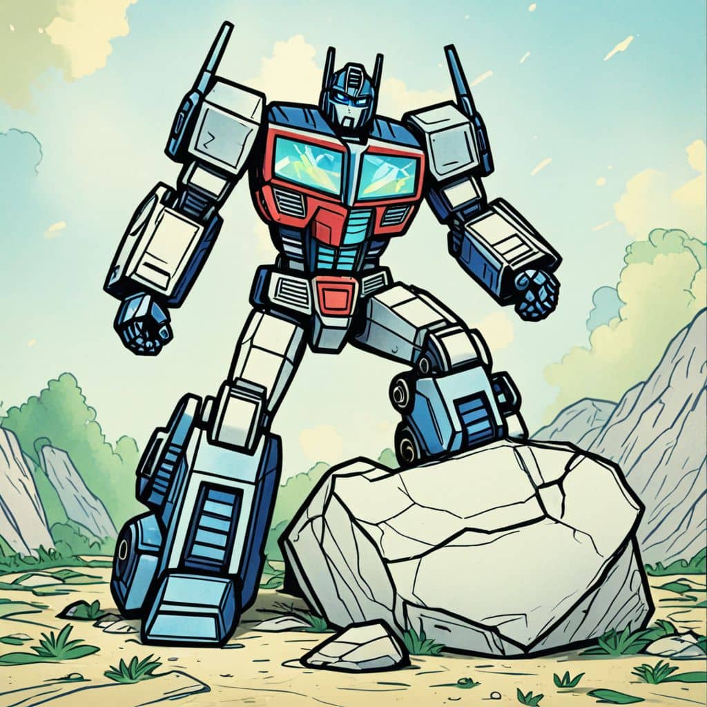 Colored Optimus Prime - the leader of Autobots lifting a heavy boulder