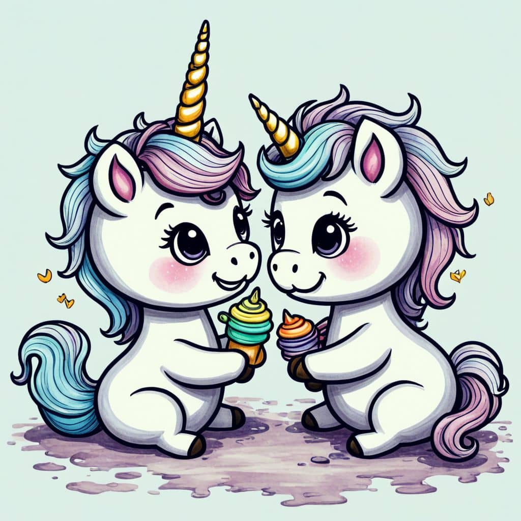 Colored Unicorn and kitty sharing an ice cream