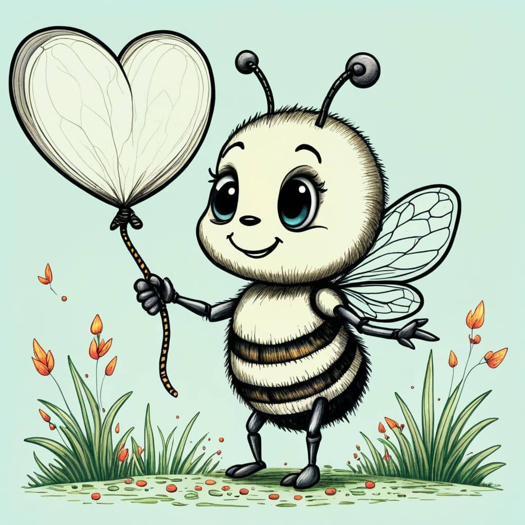 Colored Bee holding a heart-shaped balloon