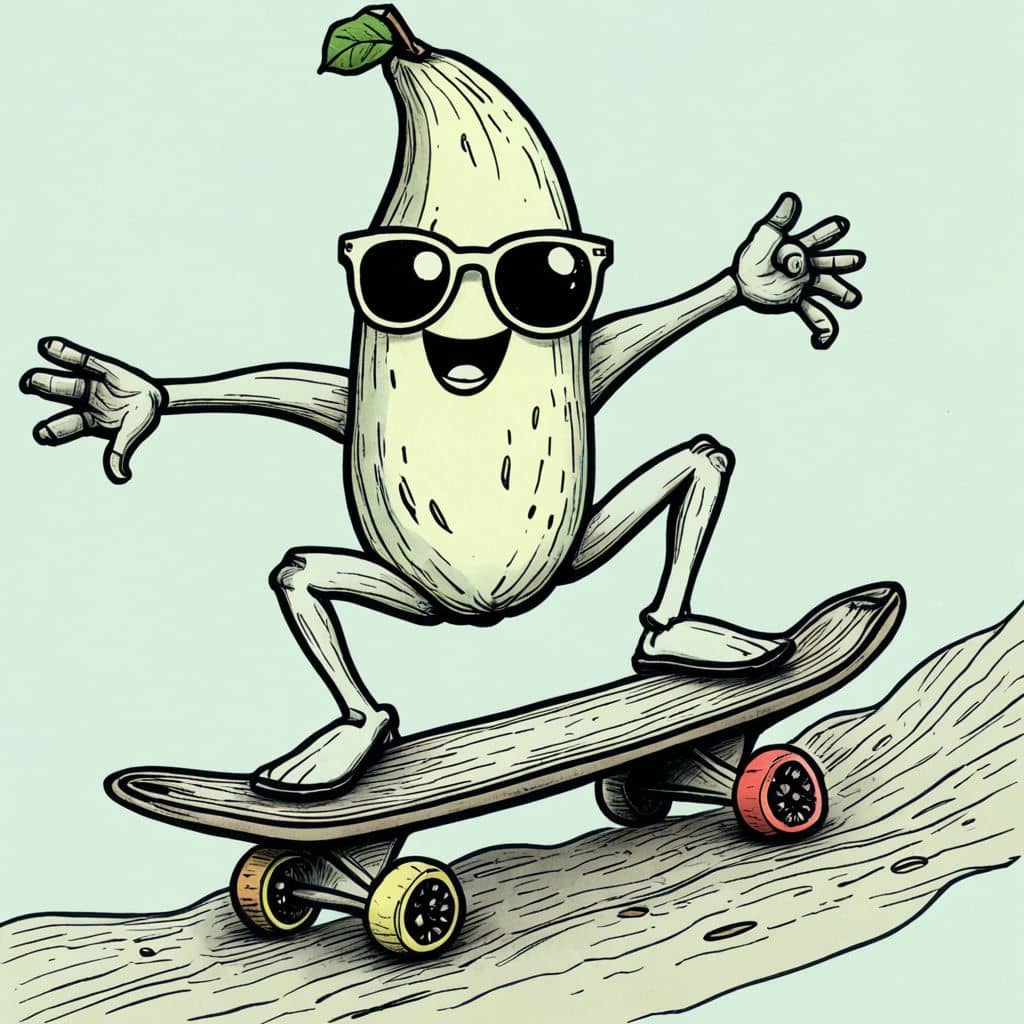 Colored Banana riding a skateboard