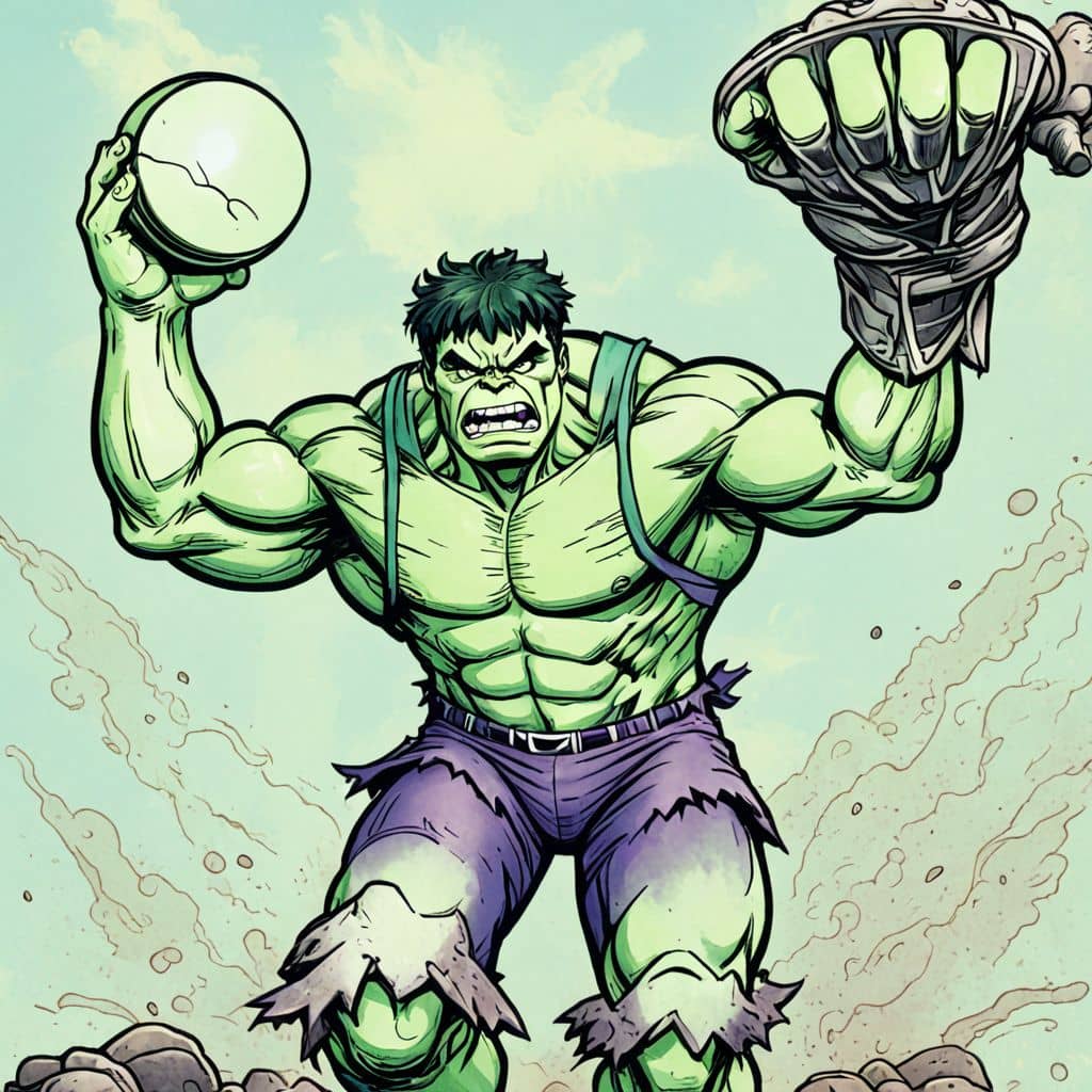 Colored Hulk - the superhero from Marvel Comics playing basketball and dunking