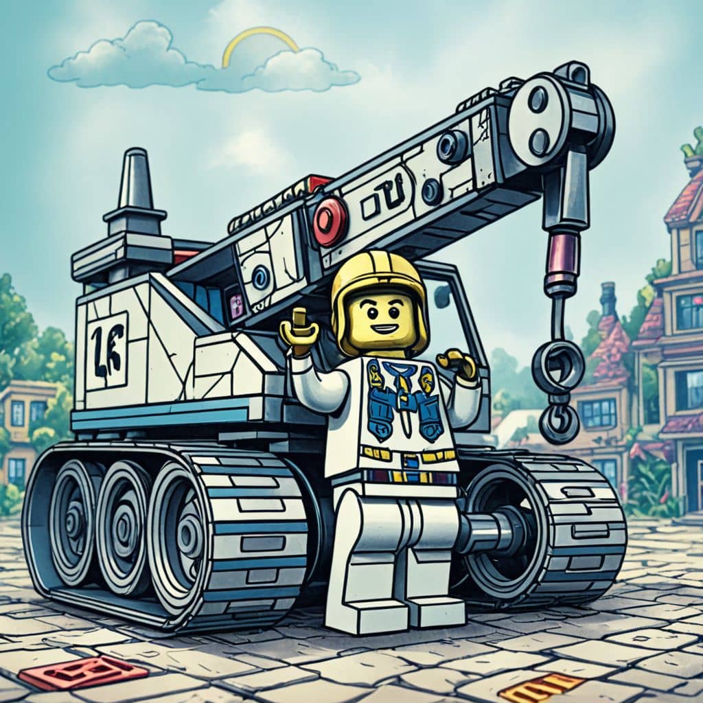 Colored Emmet - the hero from The Lego Movie using a Lego crane