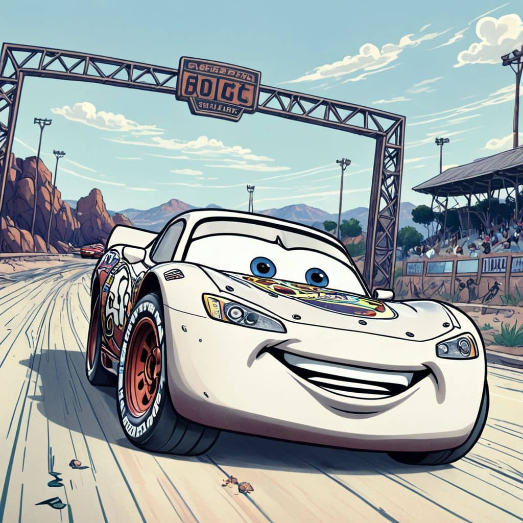 Colored Lightning McQueen from Cars crossing the finish line first