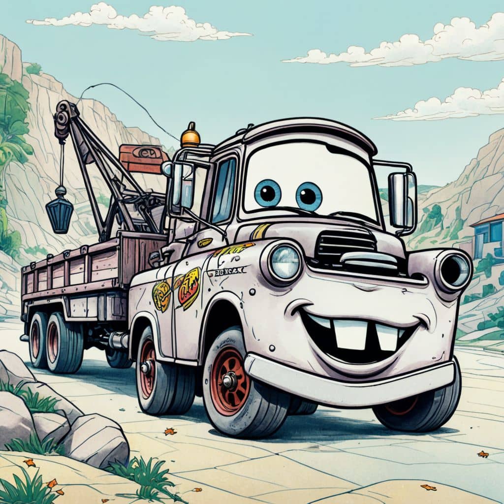 Colored Mater from Cars towing a broken race car