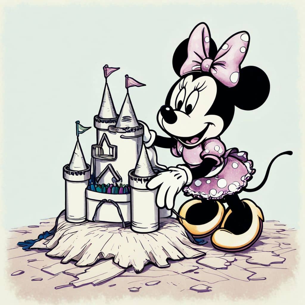 Colored Minnie Mouse from Disney building sandcastles