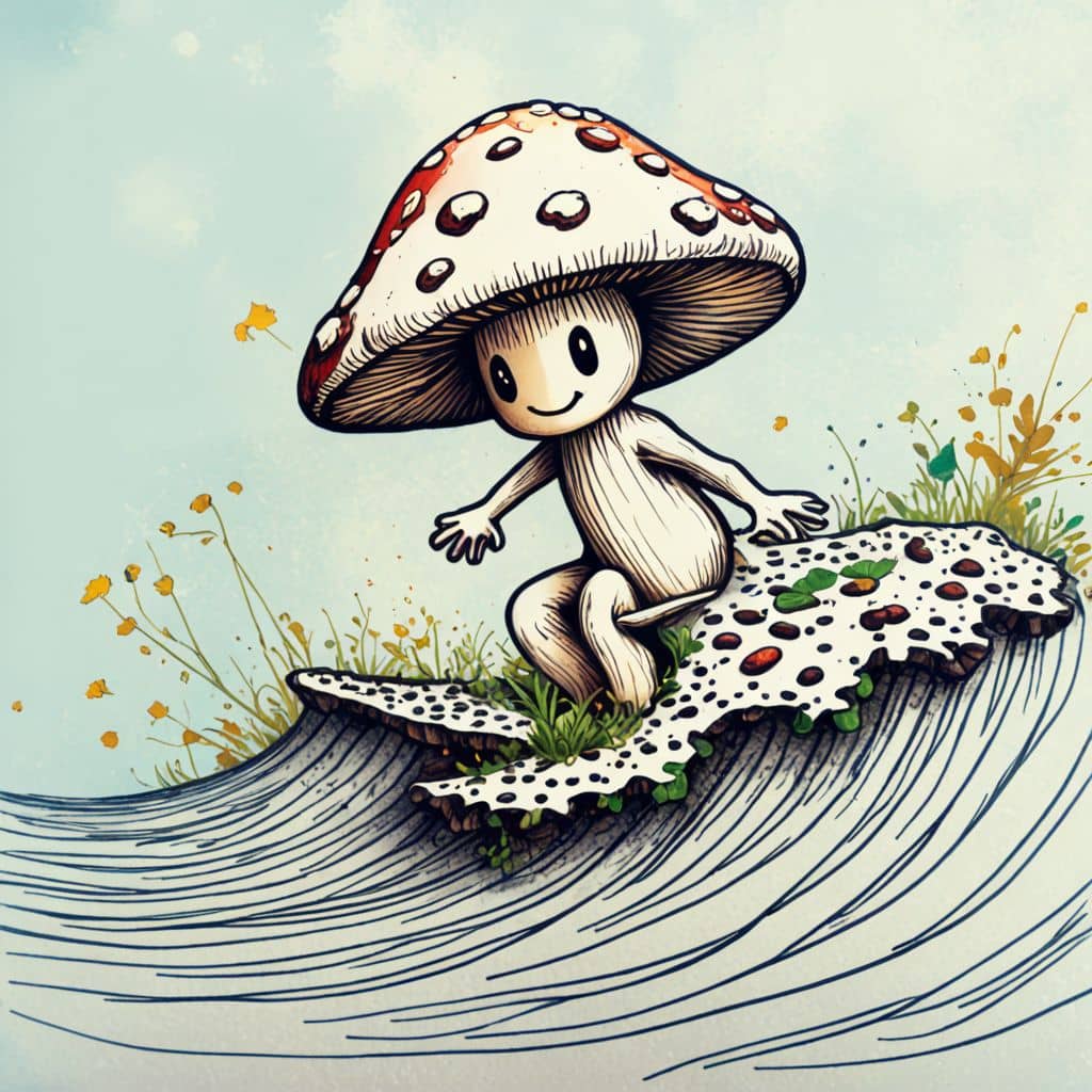 Colored Mushroom surfing on a small wave
