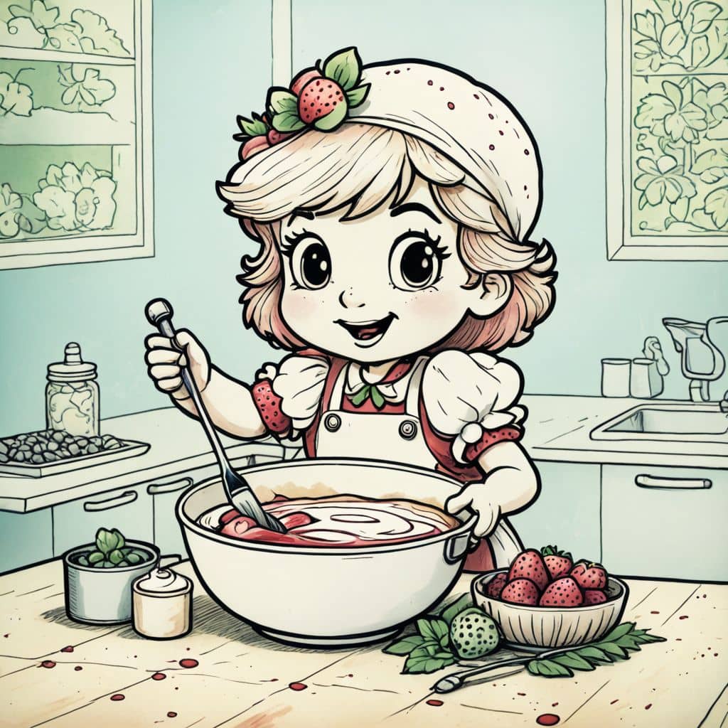Colored Strawberry Shortcake - the character from the cartoon mixing batter in a large bowl
