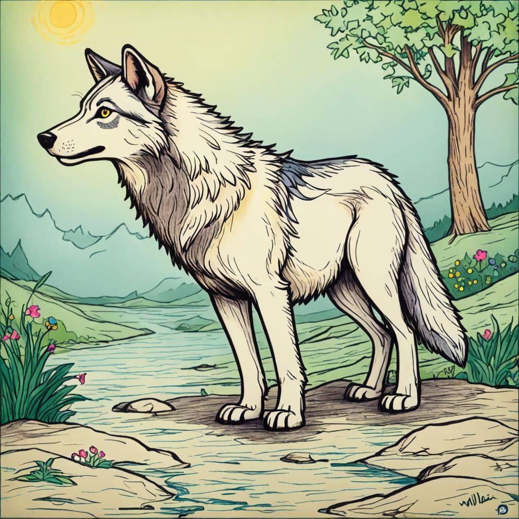 Colored Wolf standing by a flowing river