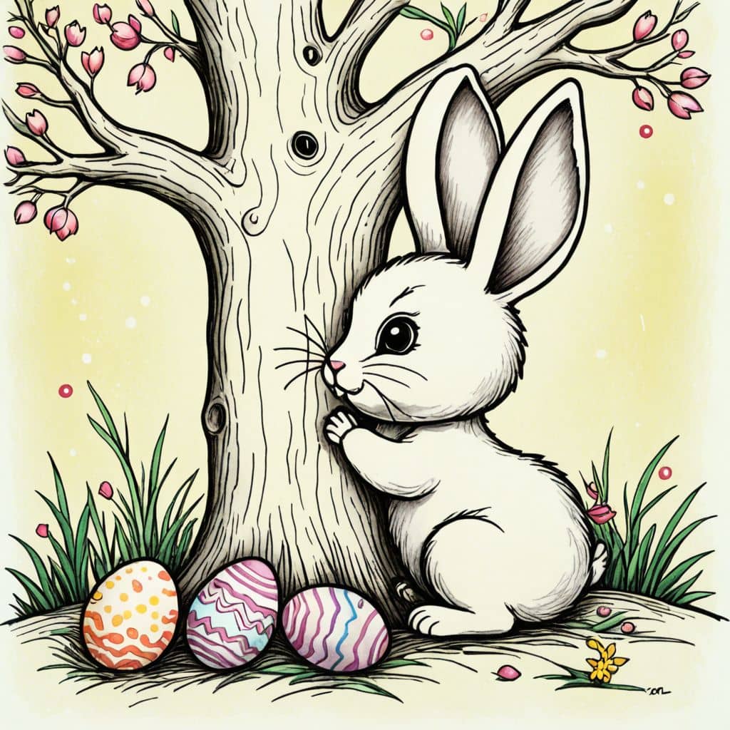 Colored Bunny hides eggs behind a tree