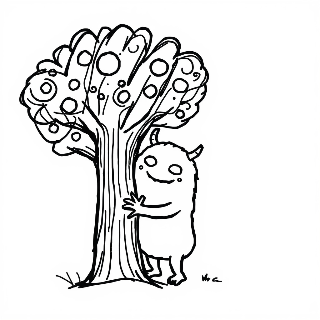 Cute Monster hugging a tree