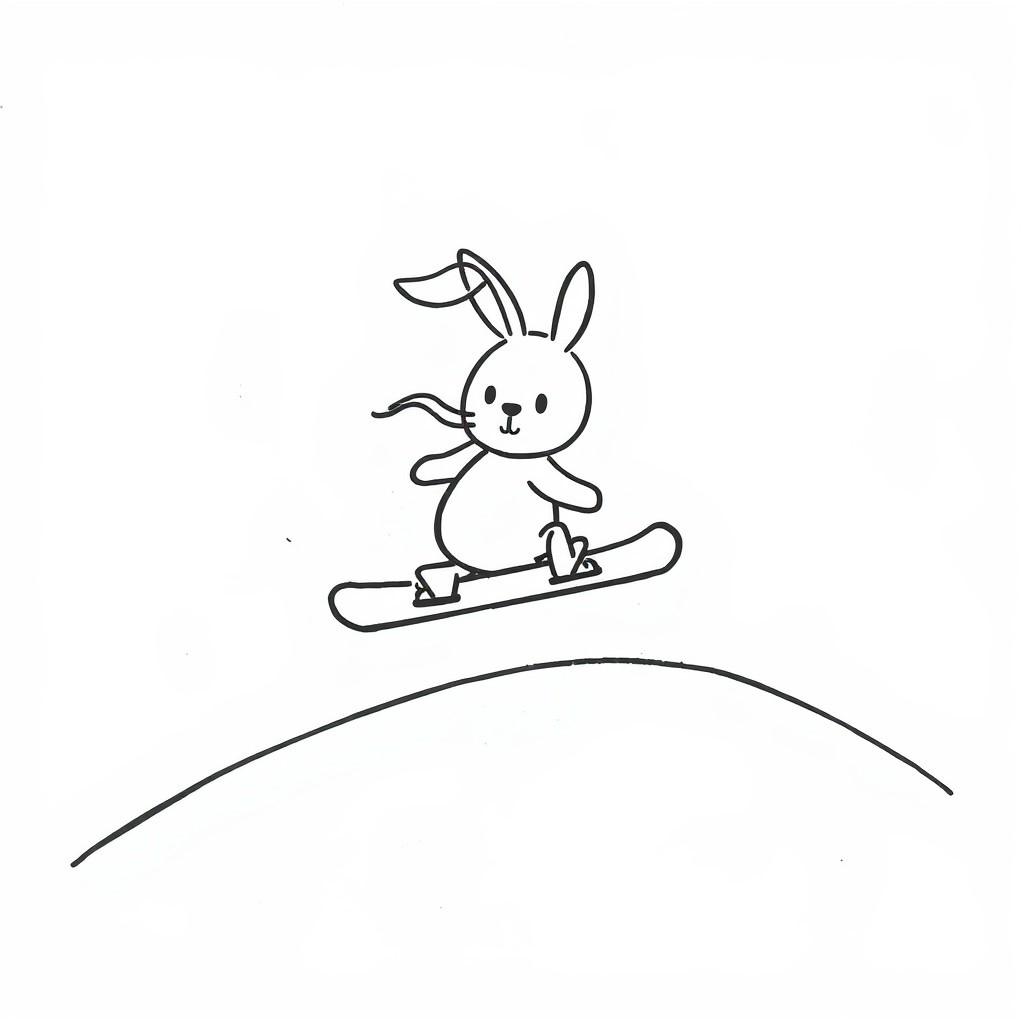 Bunny snowboarding down a hill