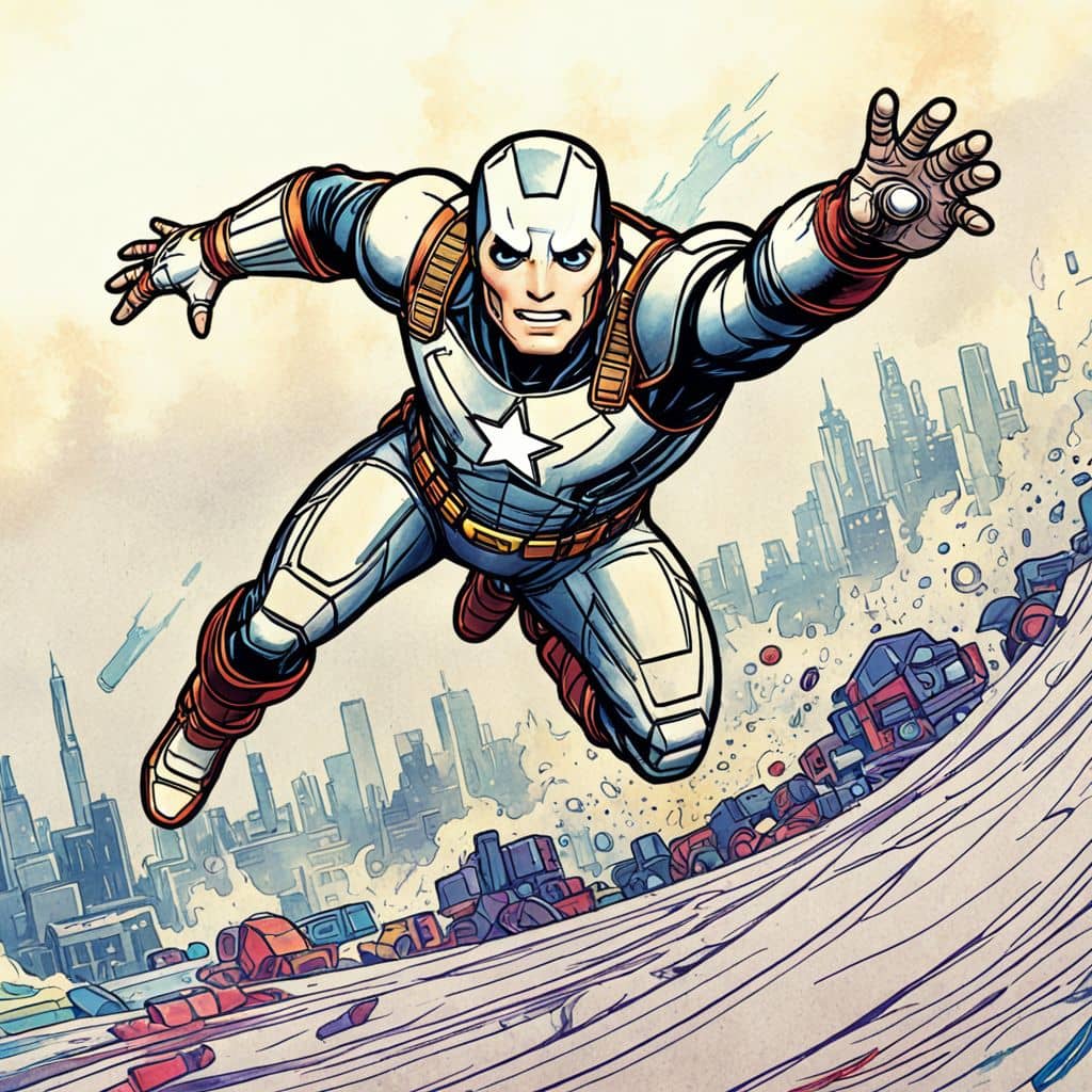 Colored Iron Man - the superhero from Marvel Universe flying over beach waves