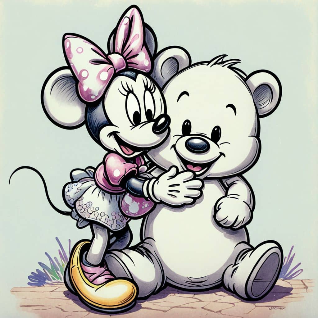 Colored Minnie Mouse - the Kawaii Disney character hugging a stuffed bear