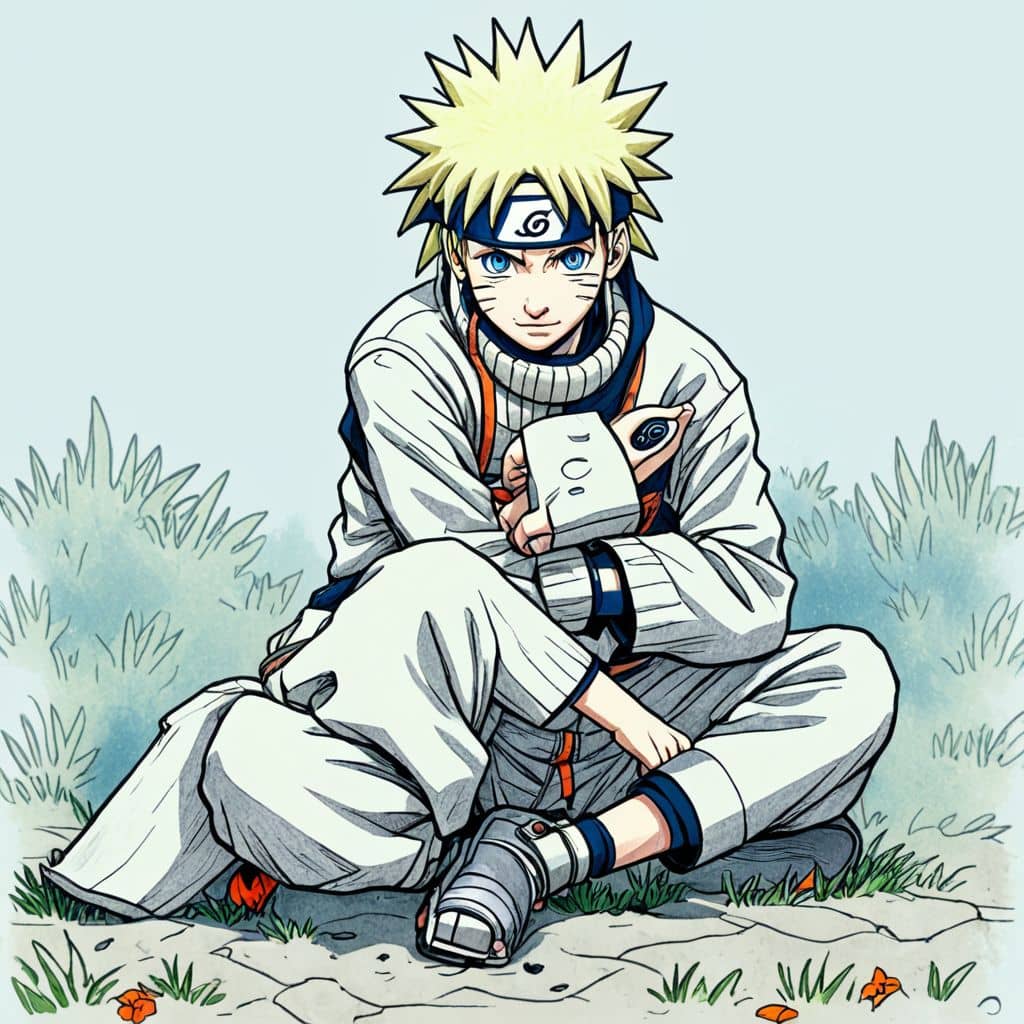 Colored Sasuke Uchiha from Naruto hugging a baby fox