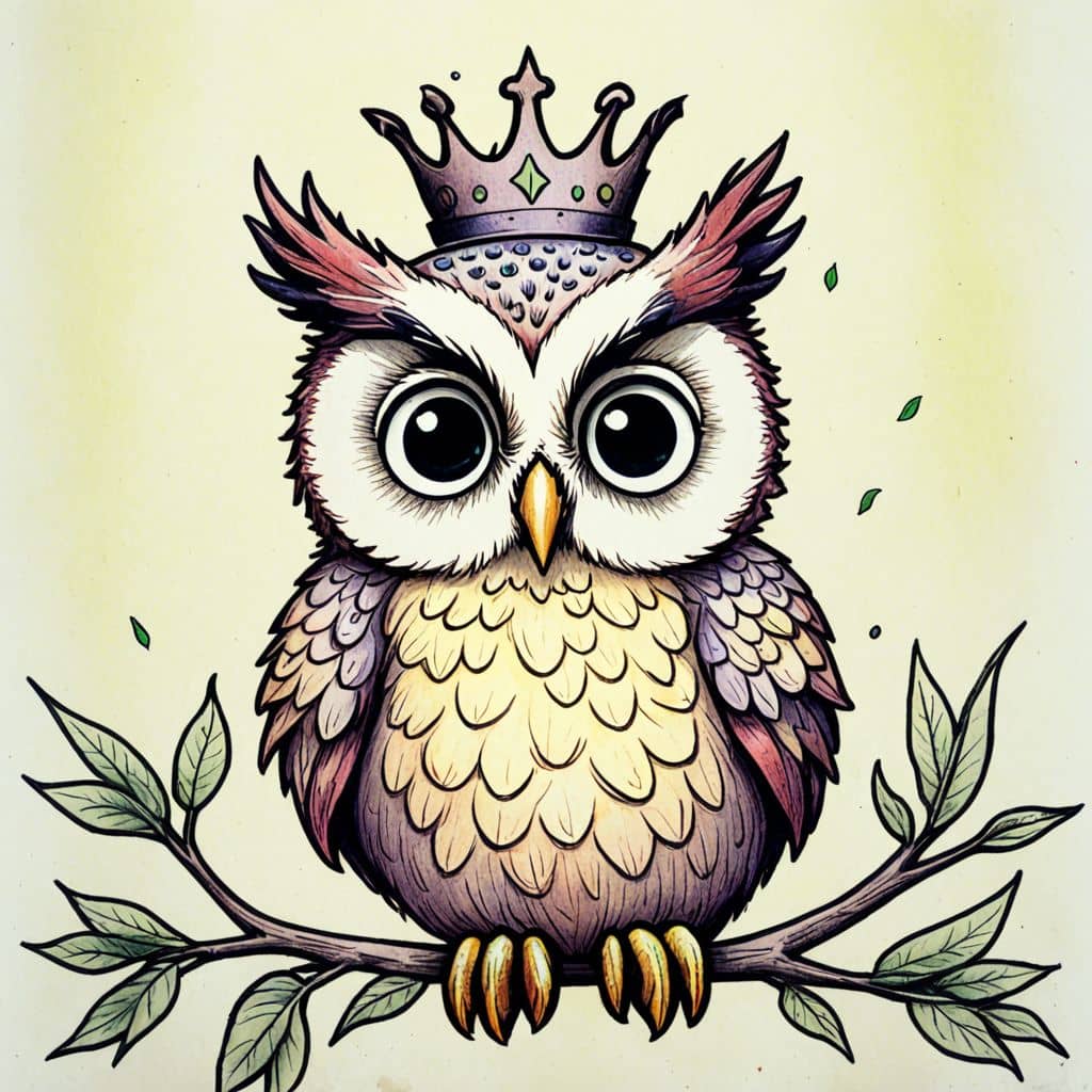 Colored Owl wearing a tiny crown