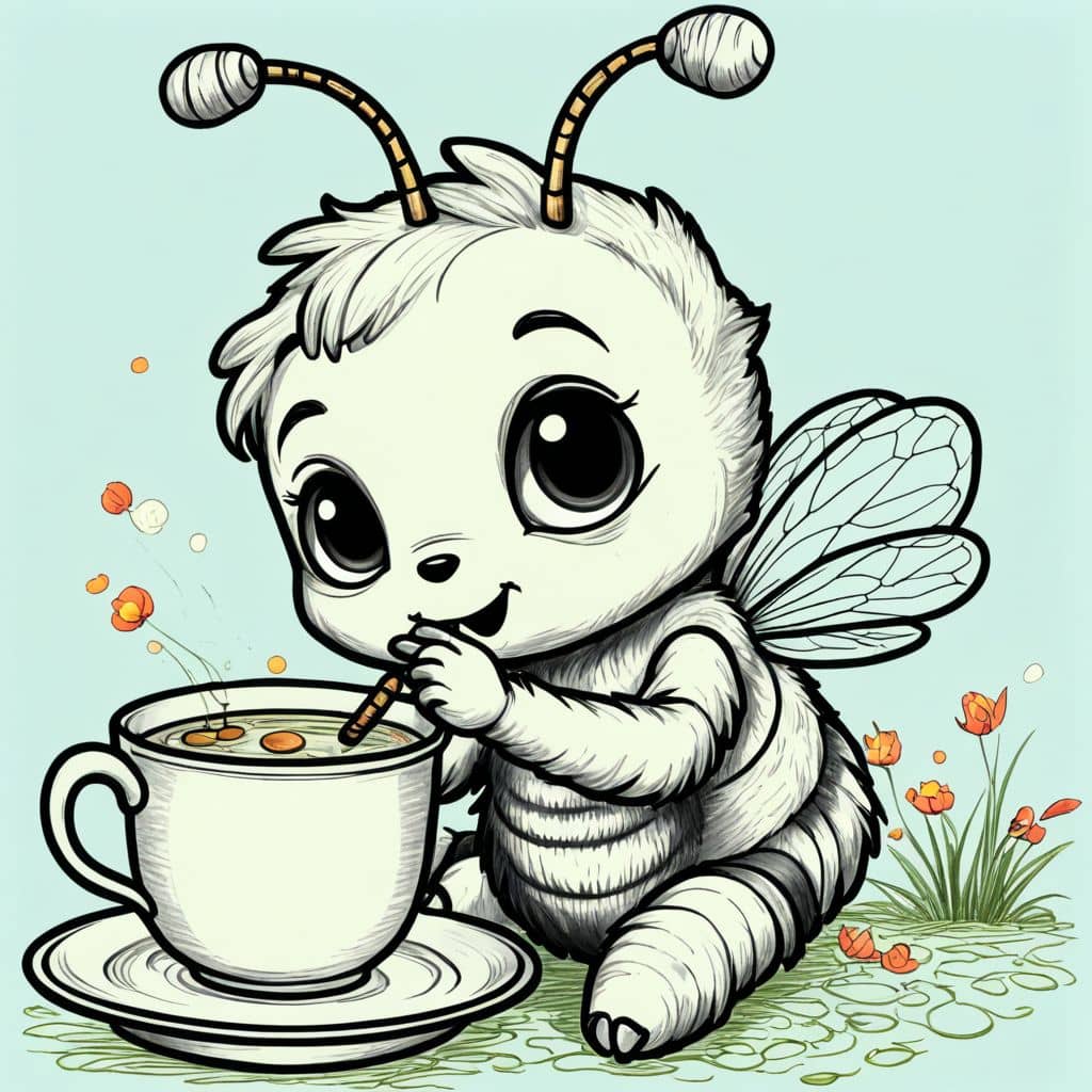 Colored Bee sipping a tiny cup of tea