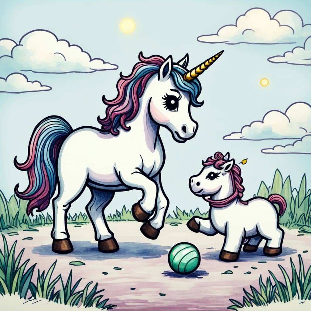 Colored Unicorn and puppy playing with a ball