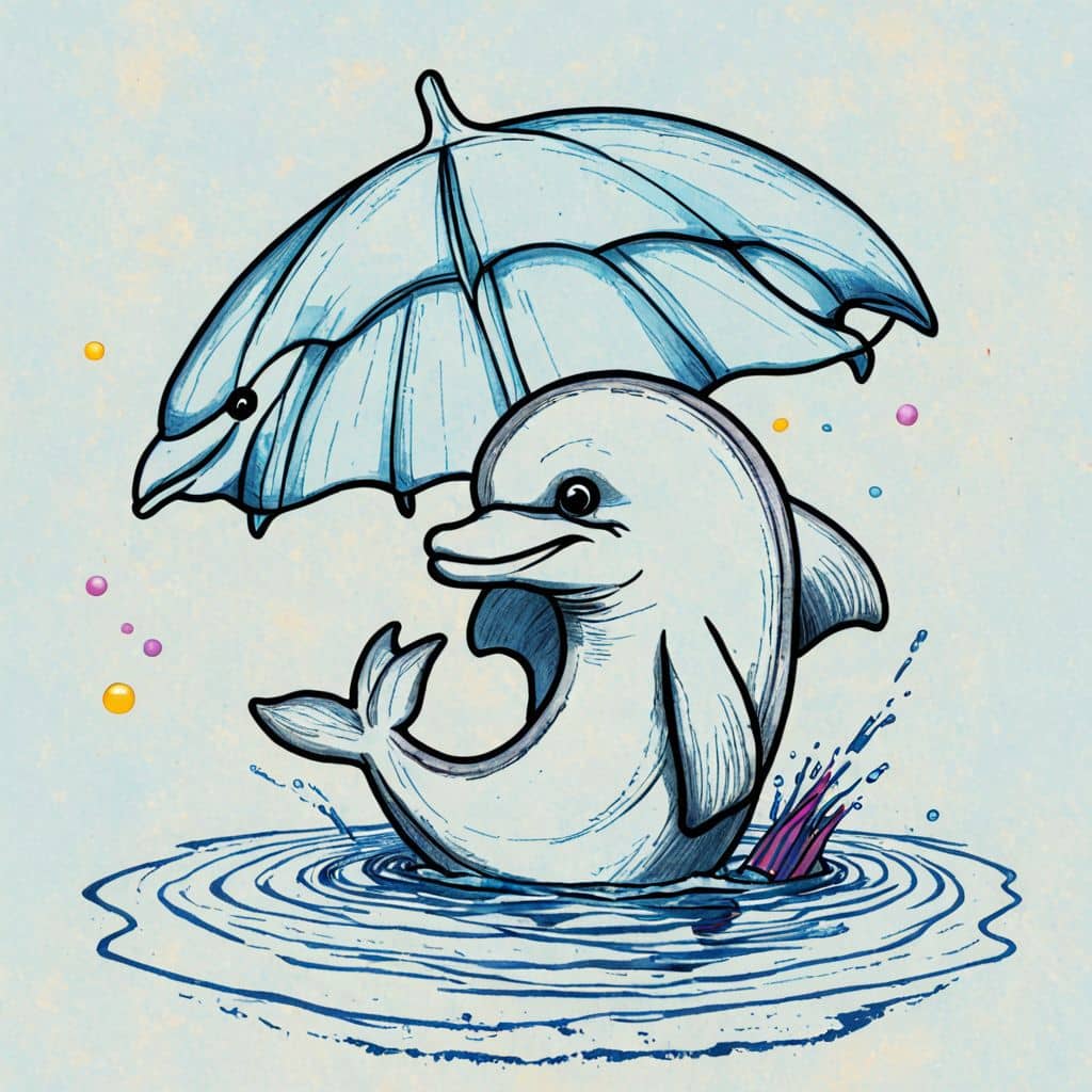 Colored Dolphin holding an umbrella