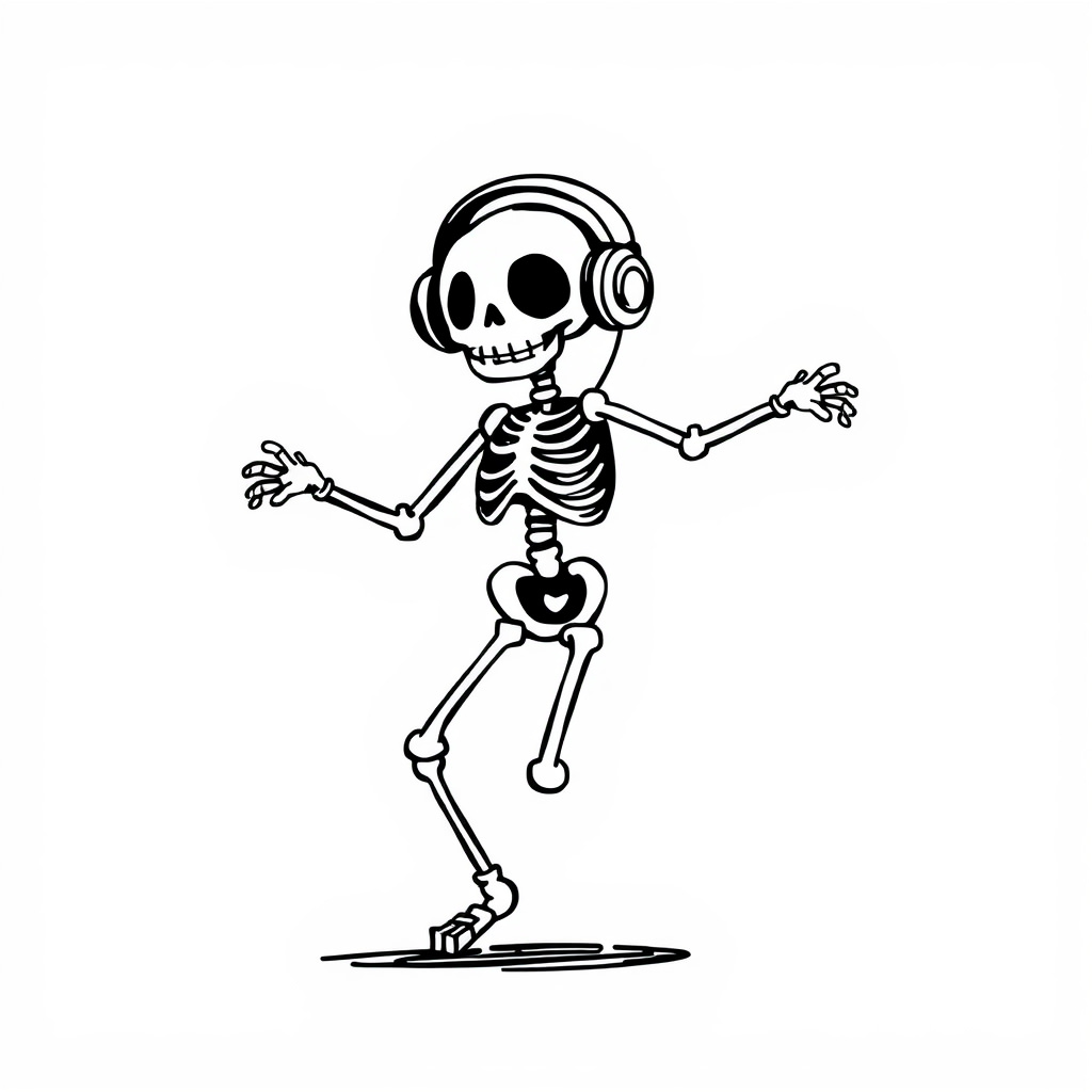 Skeleton dancing with headphones