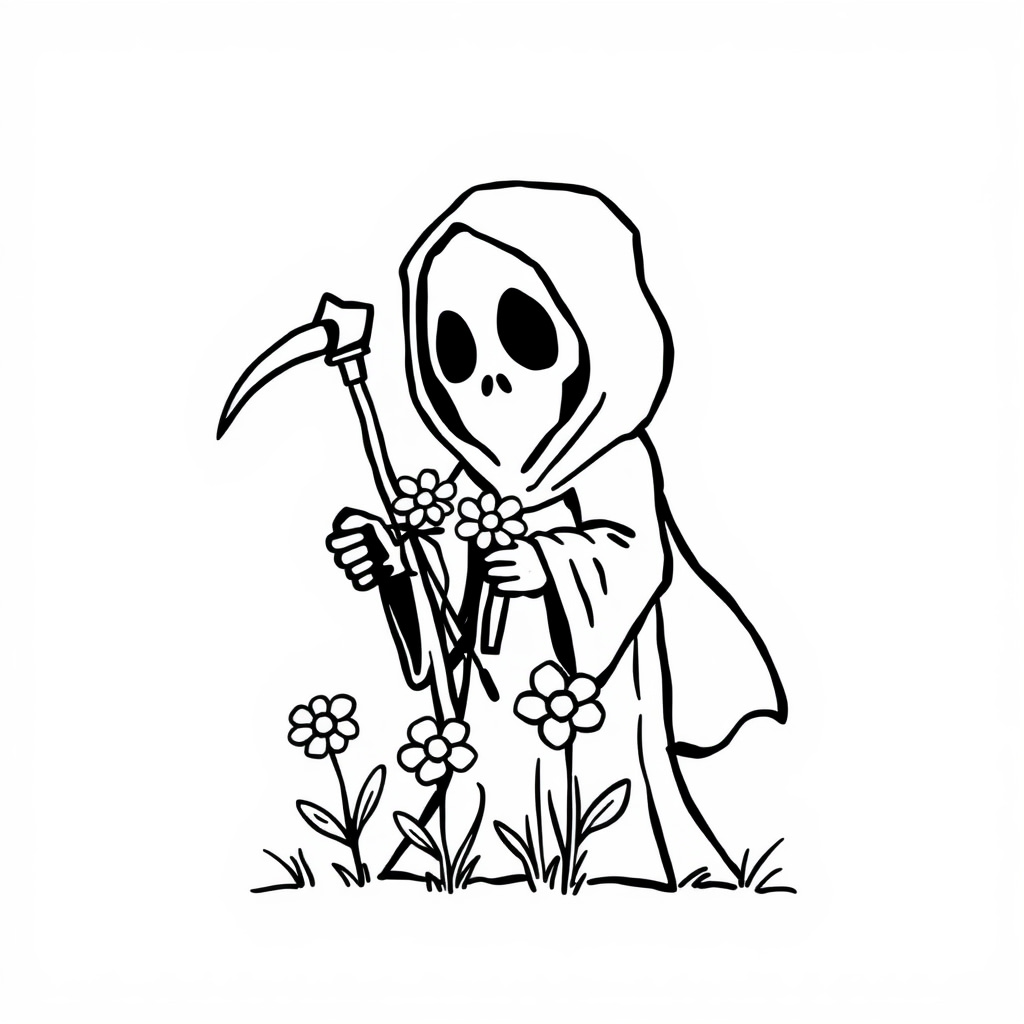 Grim Reaper gathering spring flowers