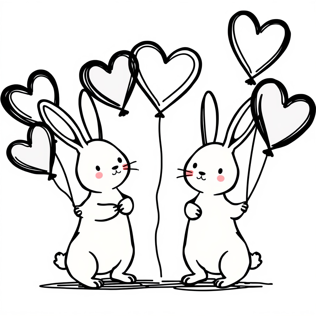 Bunnies holding heart balloons