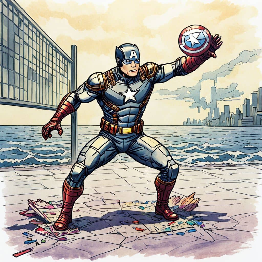 Colored Captain America - the superhero from Marvel Universe playing beach volleyball