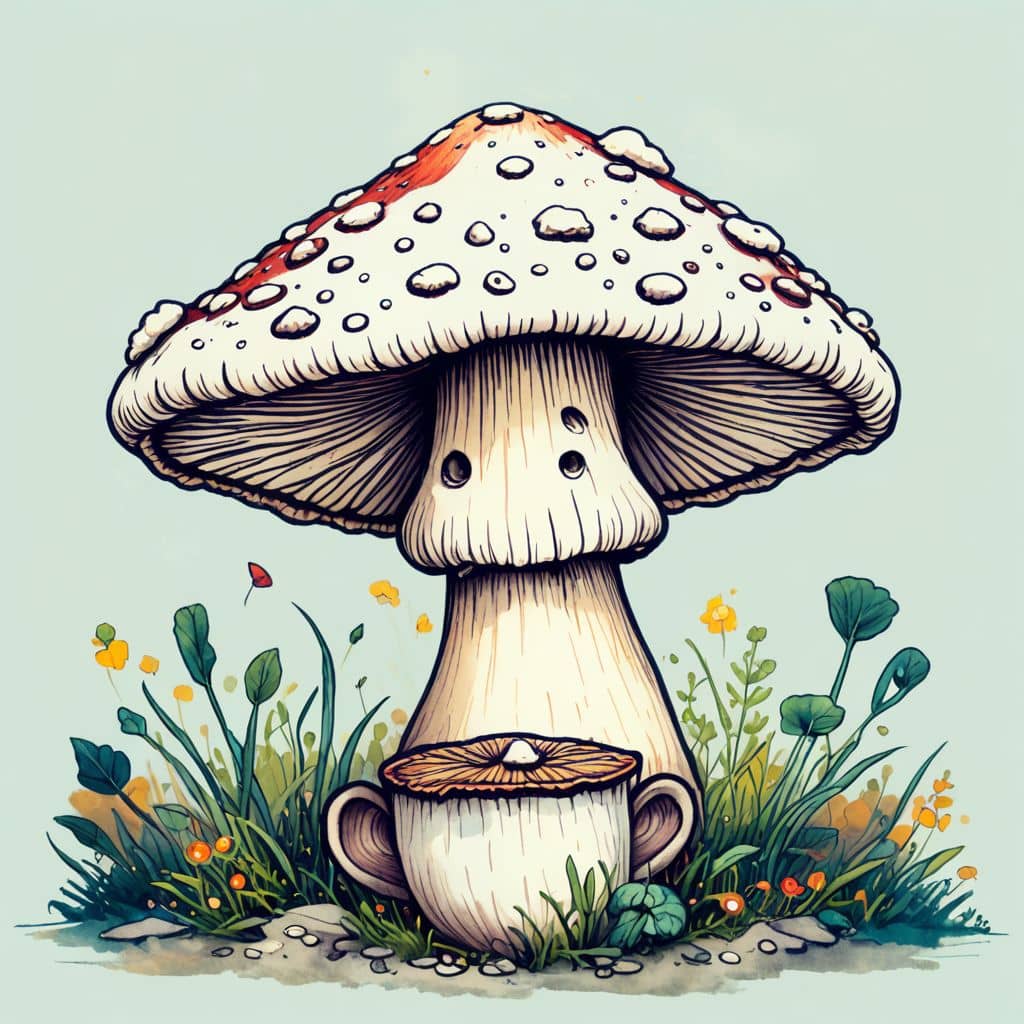 Colored Mushroom sipping tea