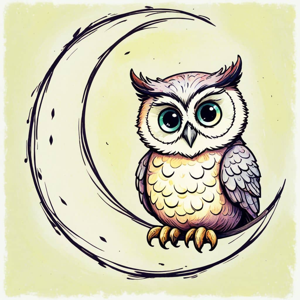 Colored Owl sitting on a crescent moon