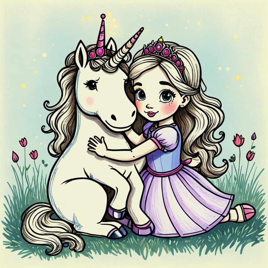 Colored Princess hugging a fluffy unicorn