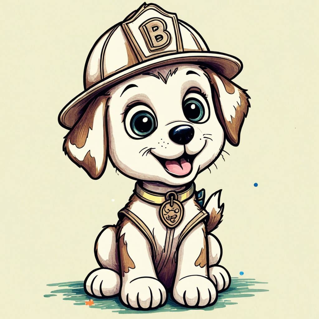 Colored Puppy wearing a firefighter helmet