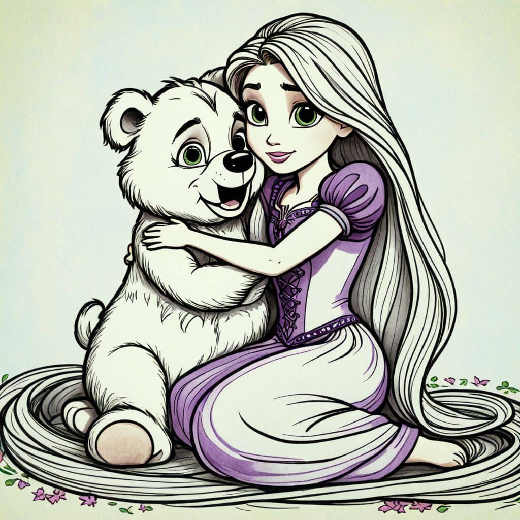 Colored Rapunzel from Tangled hugging a fluffy teddy bear