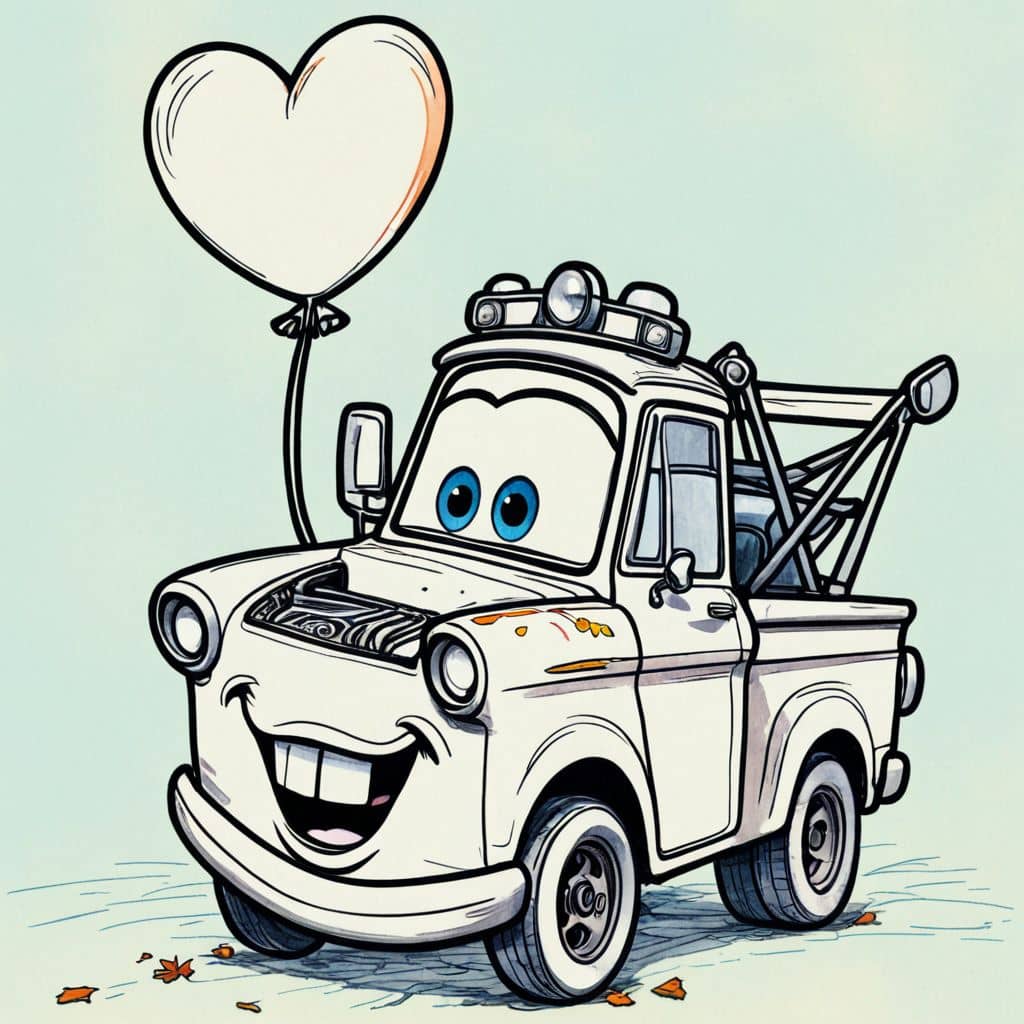 Colored Sally from Disney Cars holding a heart-shaped balloon