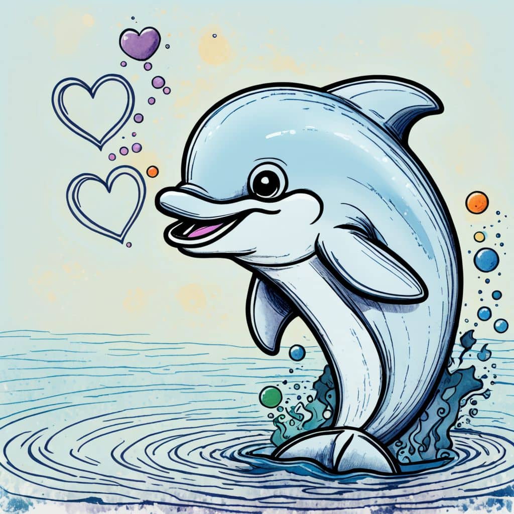 Colored Dolphin blowing heart-shaped bubbles