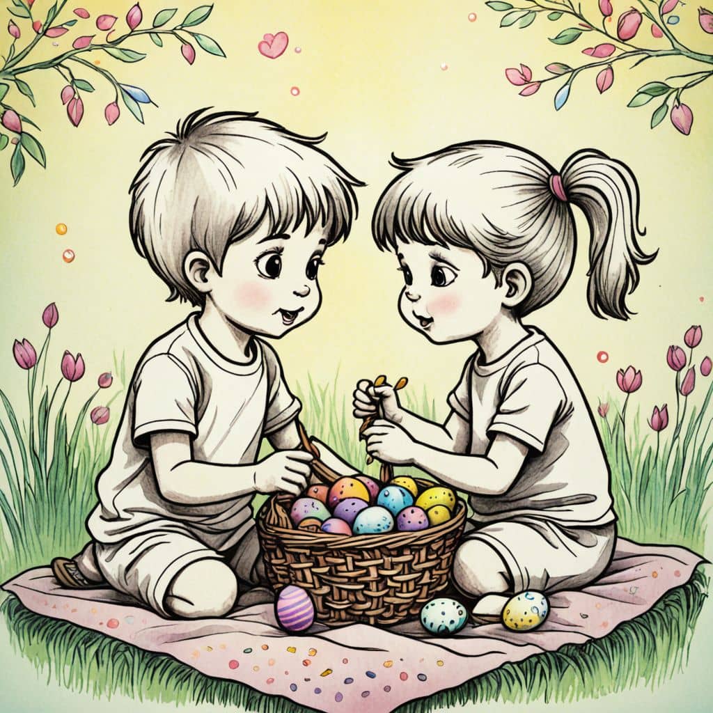 Colored Kids sharing chocolate bunnies on a picnic blanket