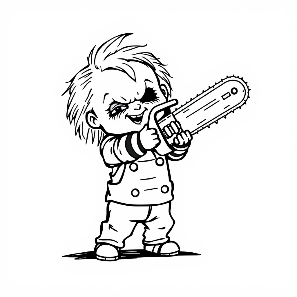 Chucky swinging a rusty chainsaw