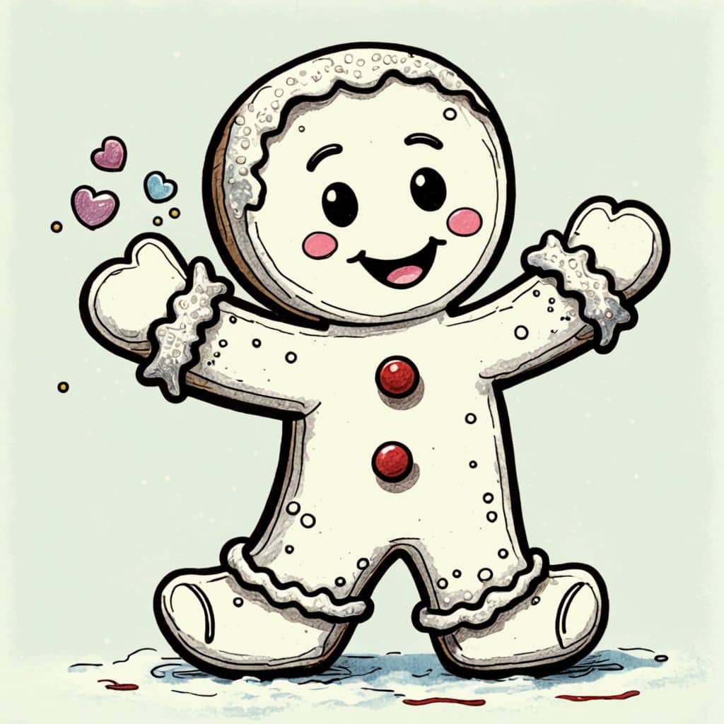 Colored Gingerbread Man waving with frosting mittens