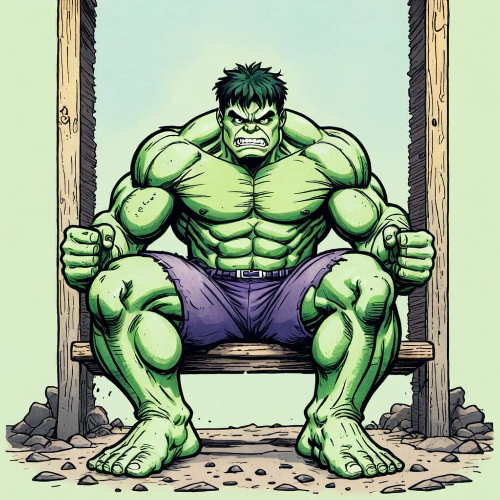 Colored Hulk - the hero from Marvel Comics sitting on a swing