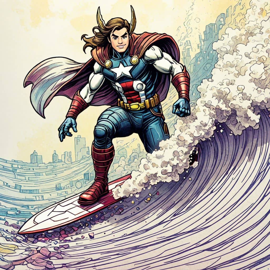Colored Thor - the superhero from Marvel Universe surfing on a big wave