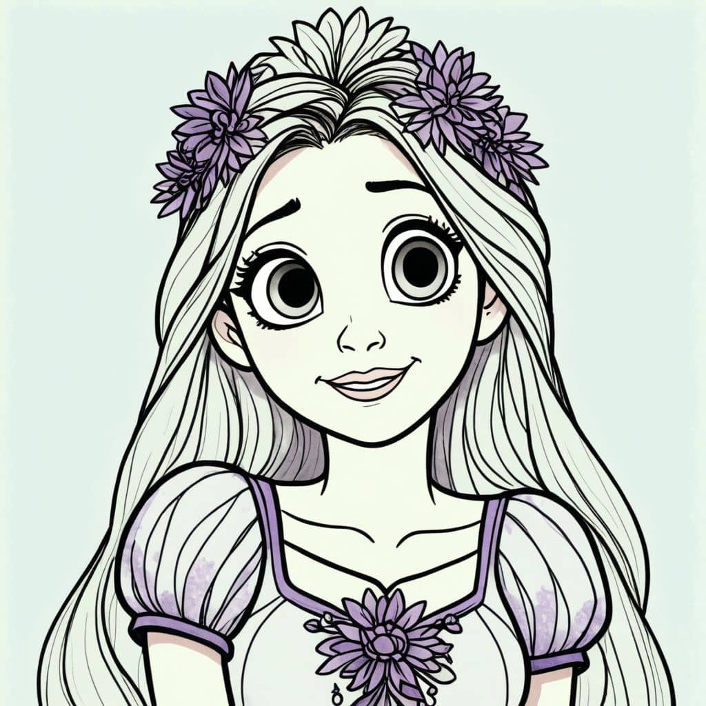 Colored Rapunzel from Tangled wearing a sunflower crown