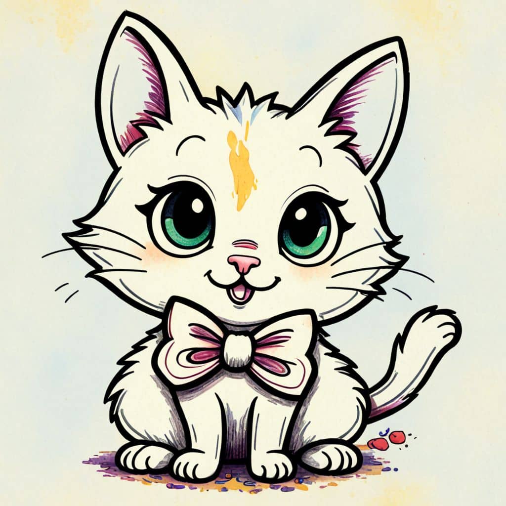 Colored Kawaii Cat wearing a bow tie